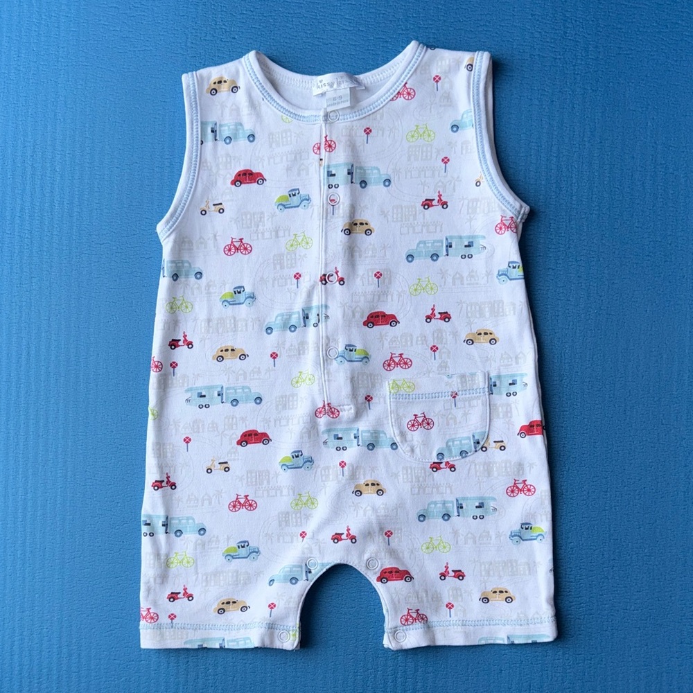 Kissy Kissy White Romper with Multi colored Things that Go print size 6 to 9 mos